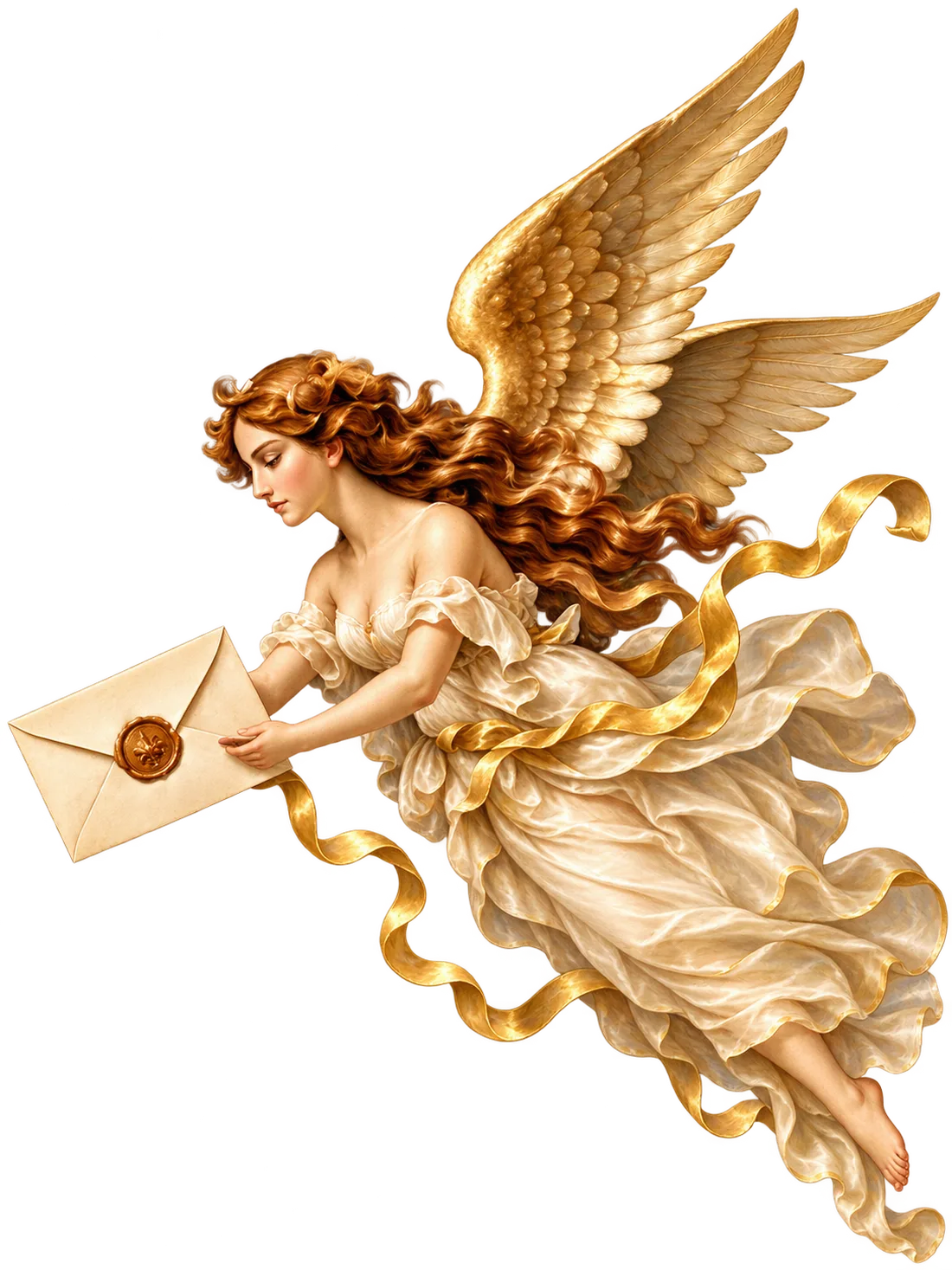 A Renaissance angel flying in with a sealed letter